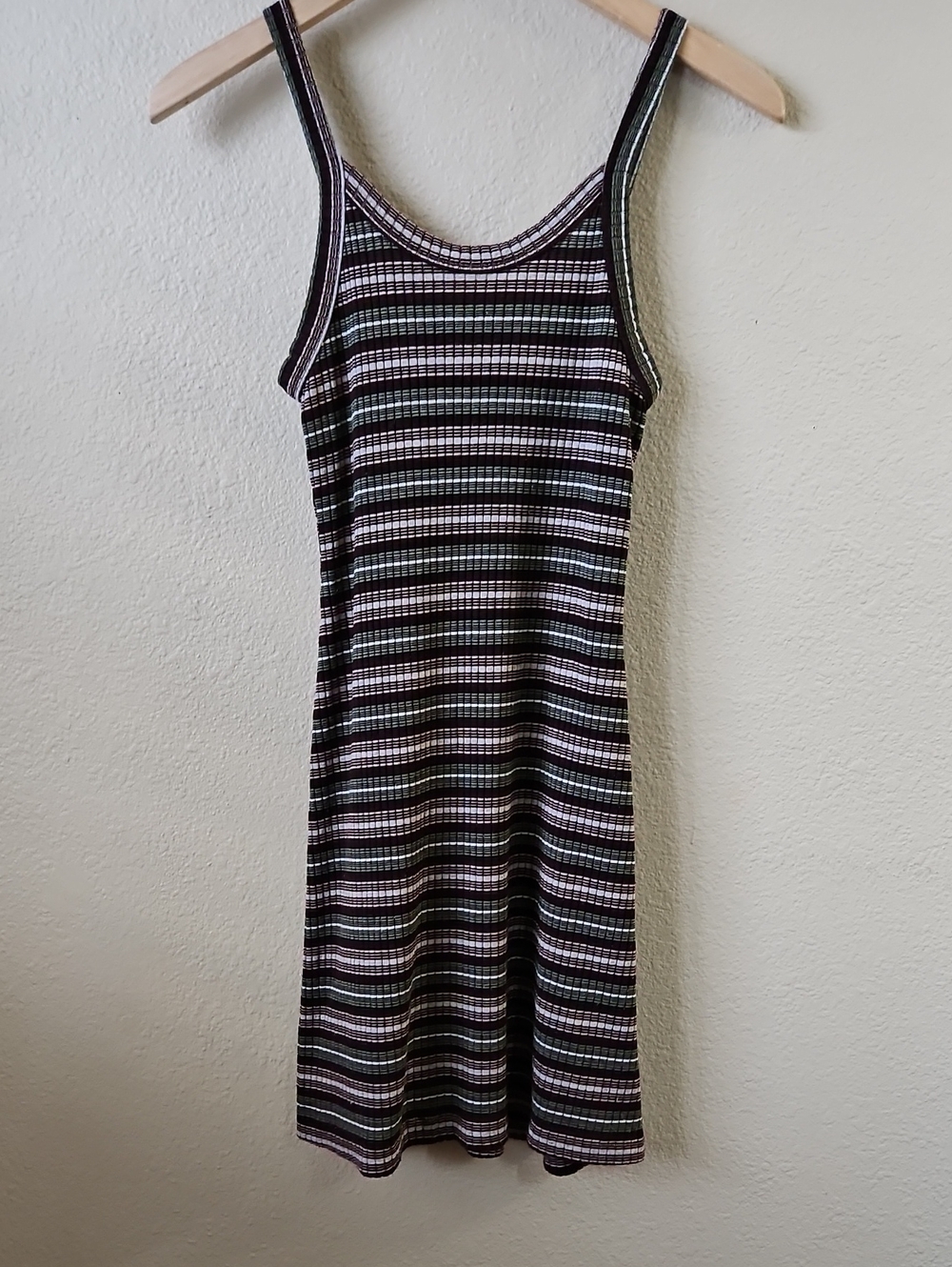 VGT Y2K MULTI STRIPE RIBBED KNIT BODYCON TANK MINI DRESS (L) MADE IN THE USA.